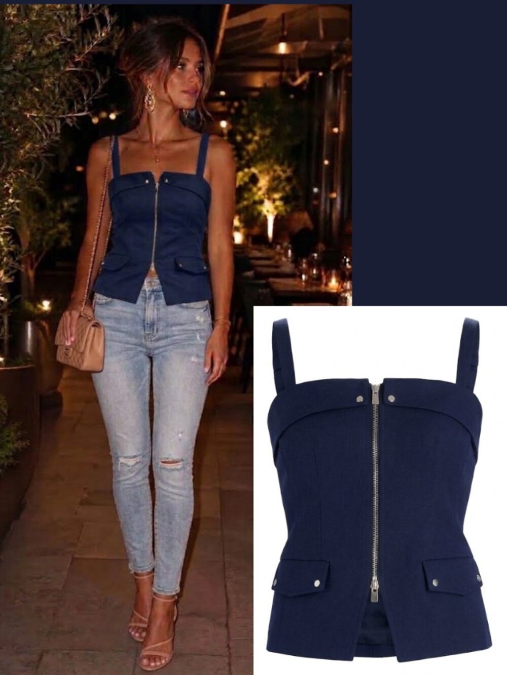 Toccin Jayden Zip Front Moto Top Deep Navy Square Neck Sleeveless NWT